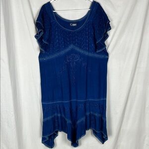 Boho Chic Blue Floral Embroidered Coline Midi Dress Handkerchief Hemline